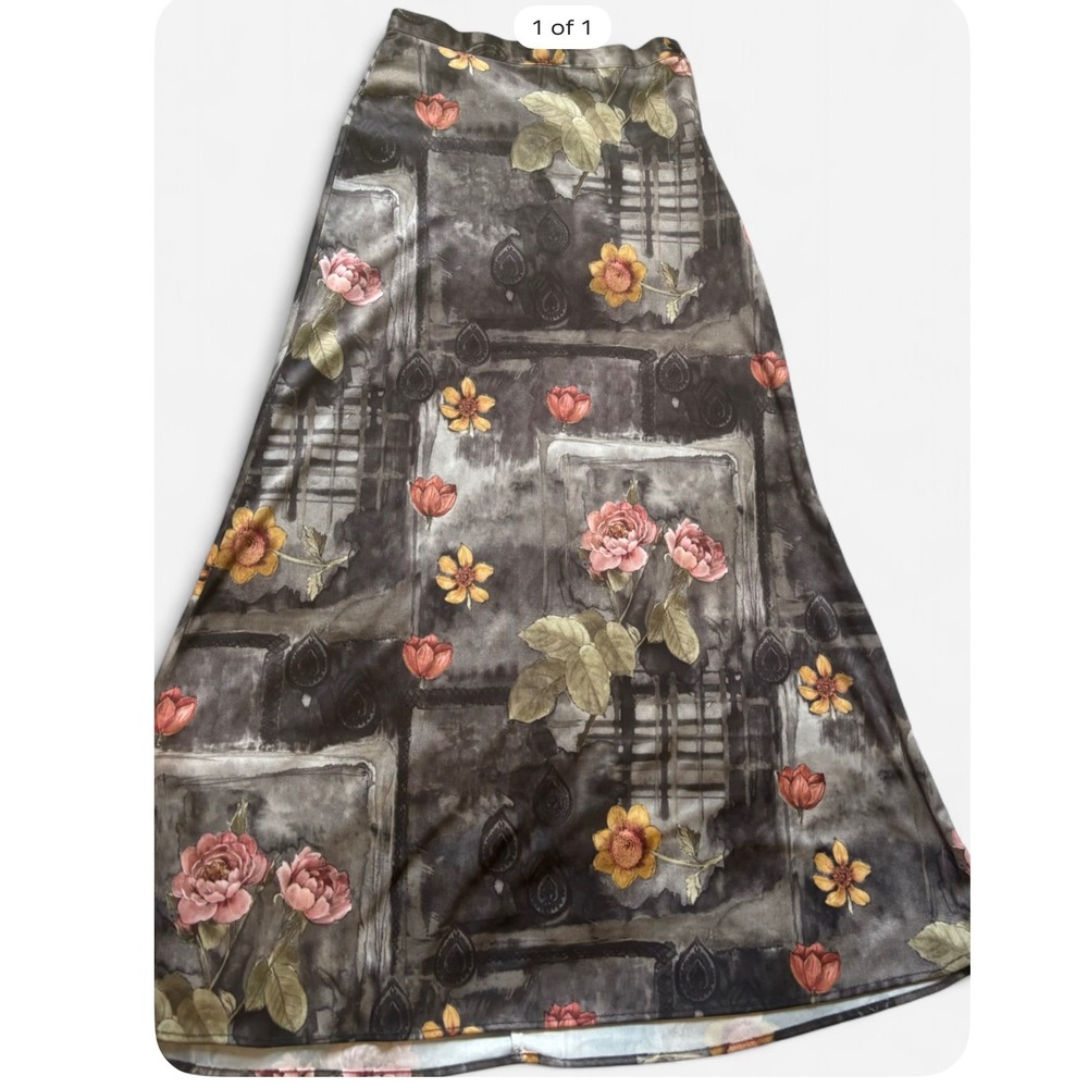 Joule Women Grey Floral Satin Maxi Skirt A-Line Art Print Side Zip Size Small